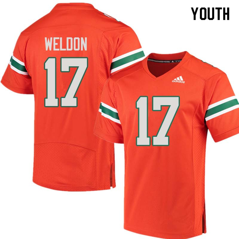 Youth Miami Hurricanes #17 Cade Weldon College Football Jerseys Sale-Orange - Click Image to Close